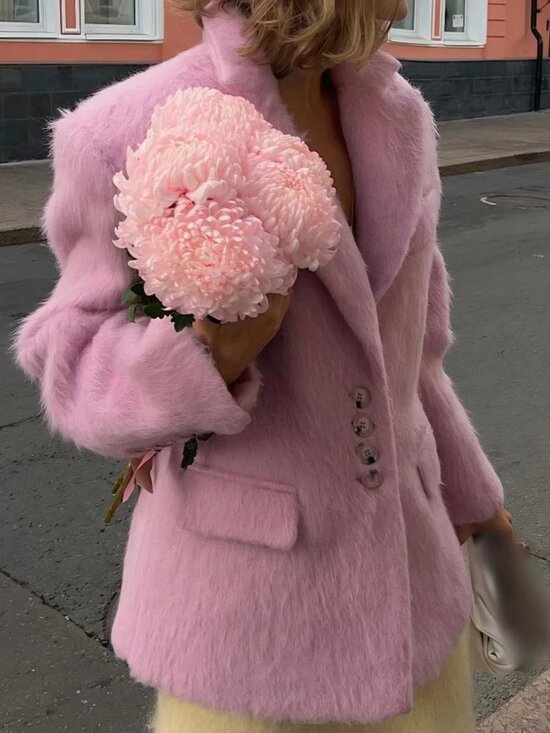 Jackets & Blazers - Women's Fashion Collared Plush Coat, Single-Breasted Long Sleeve Elegant Trench